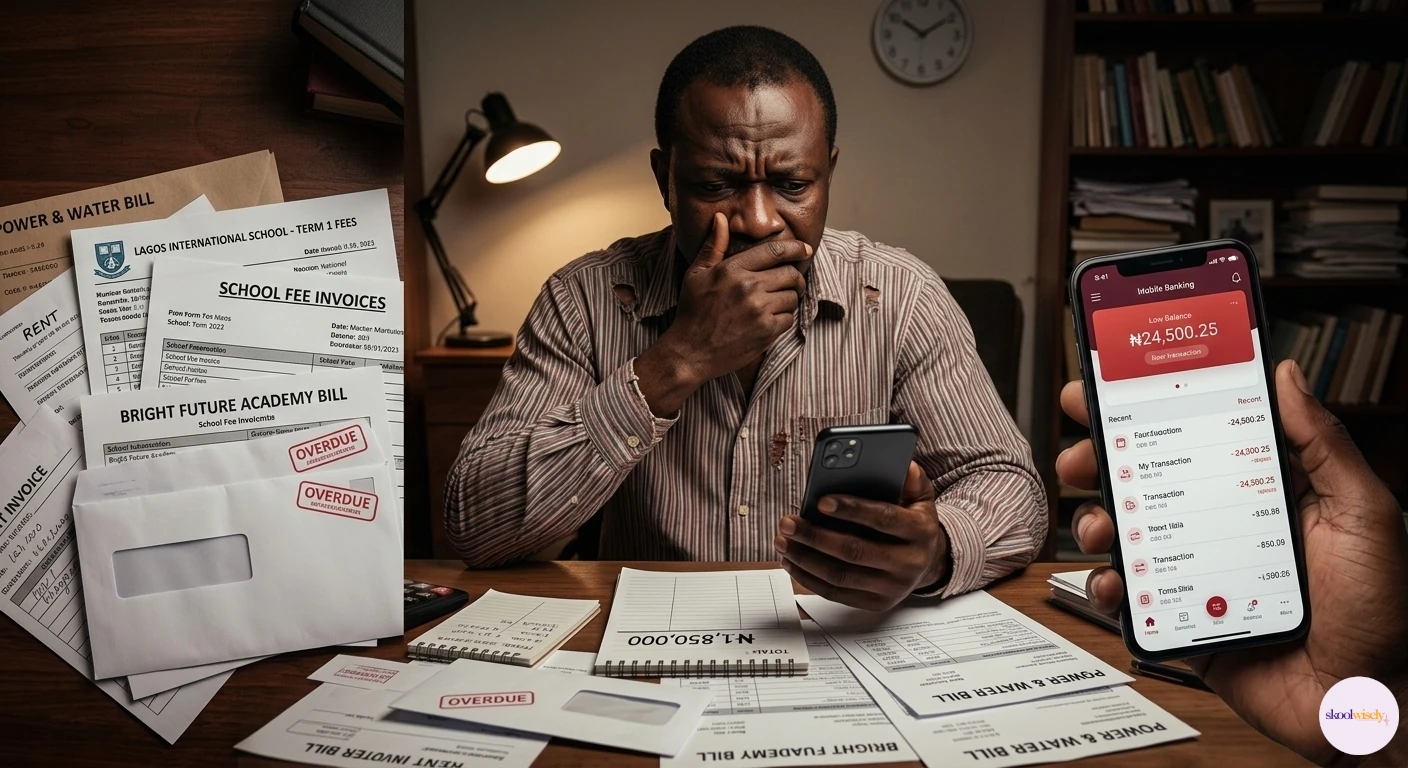 A worried father checking his phone and bank balance anxiously at a desk, surrounded by school fee invoices and bills.