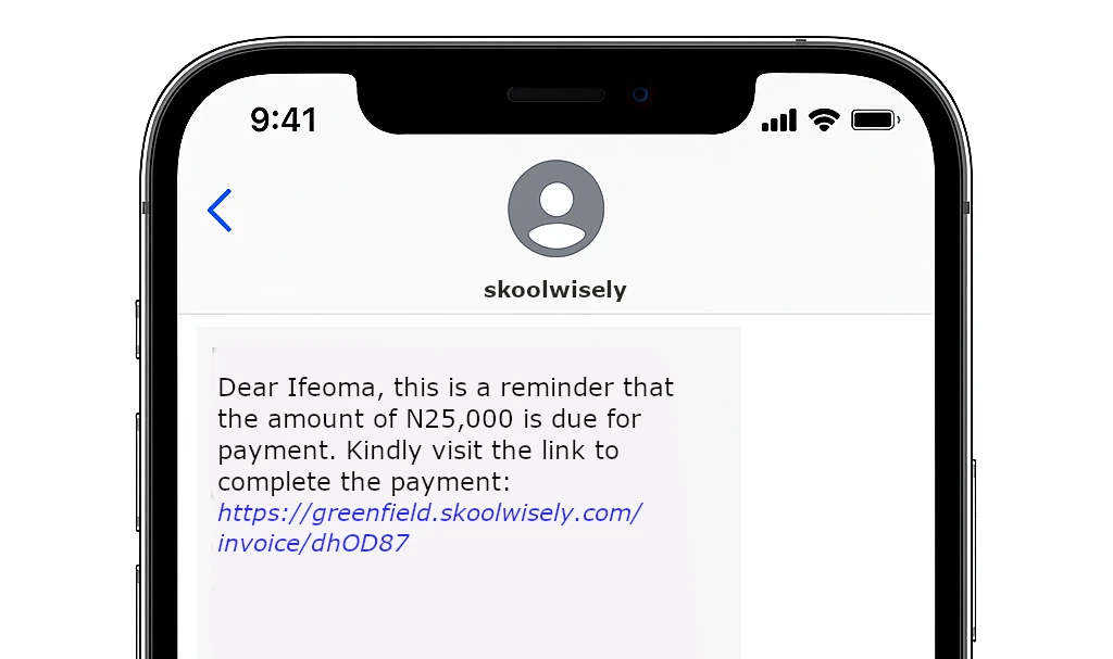 Phone screen showing a personalised SMS fee reminder from a school with payment link
