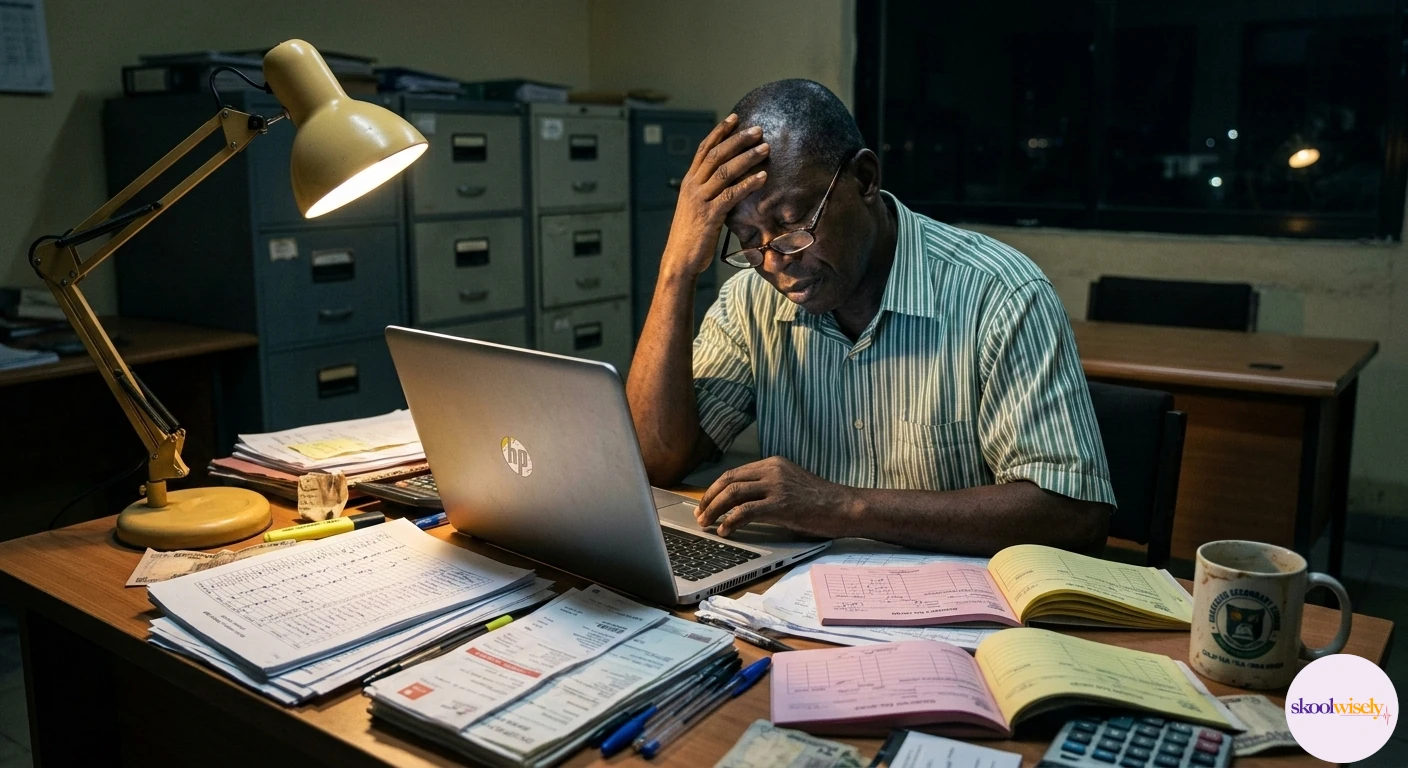 A school finance officer hunched over a laptop late at night
