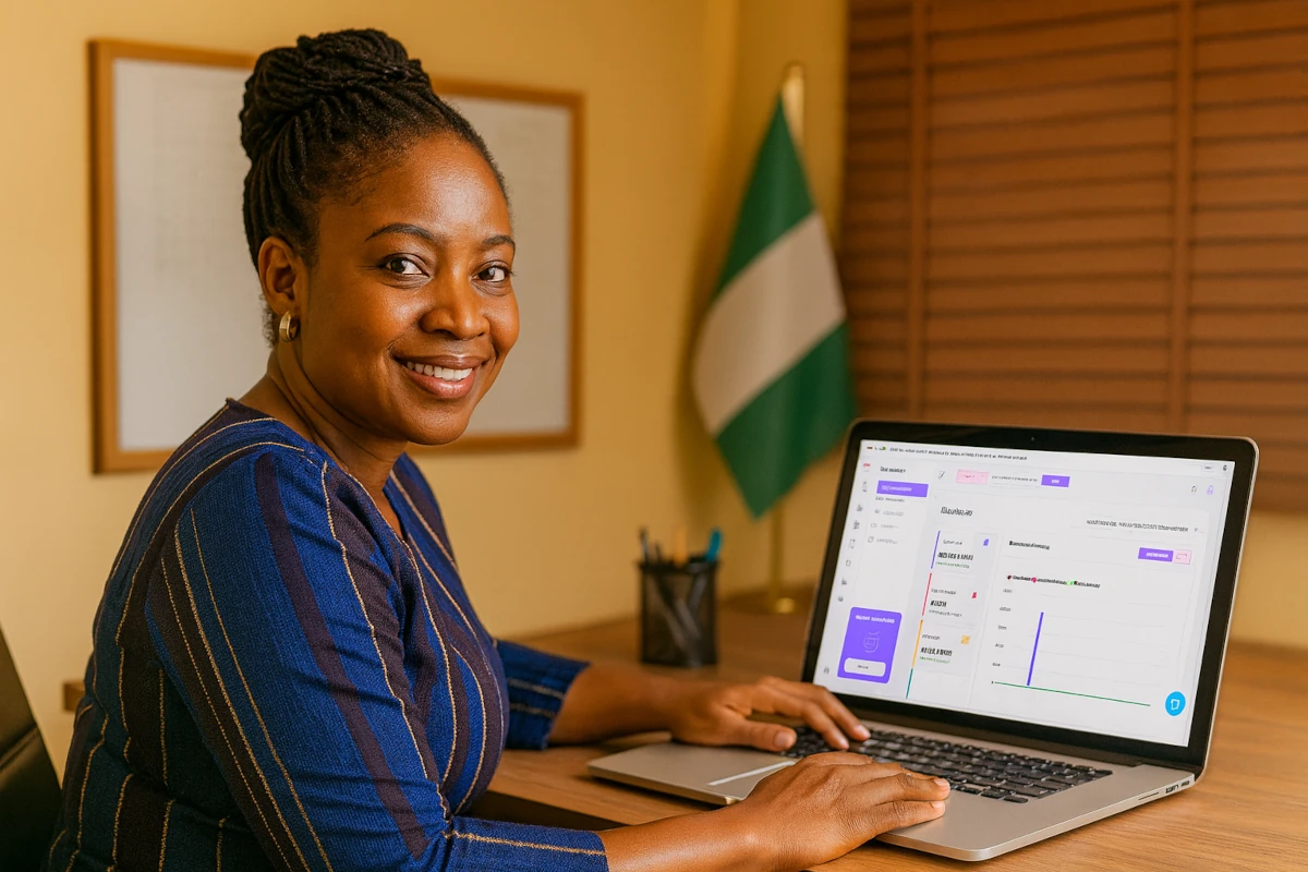 School administrator confidently reviewing the SkoolWisely fee dashboard