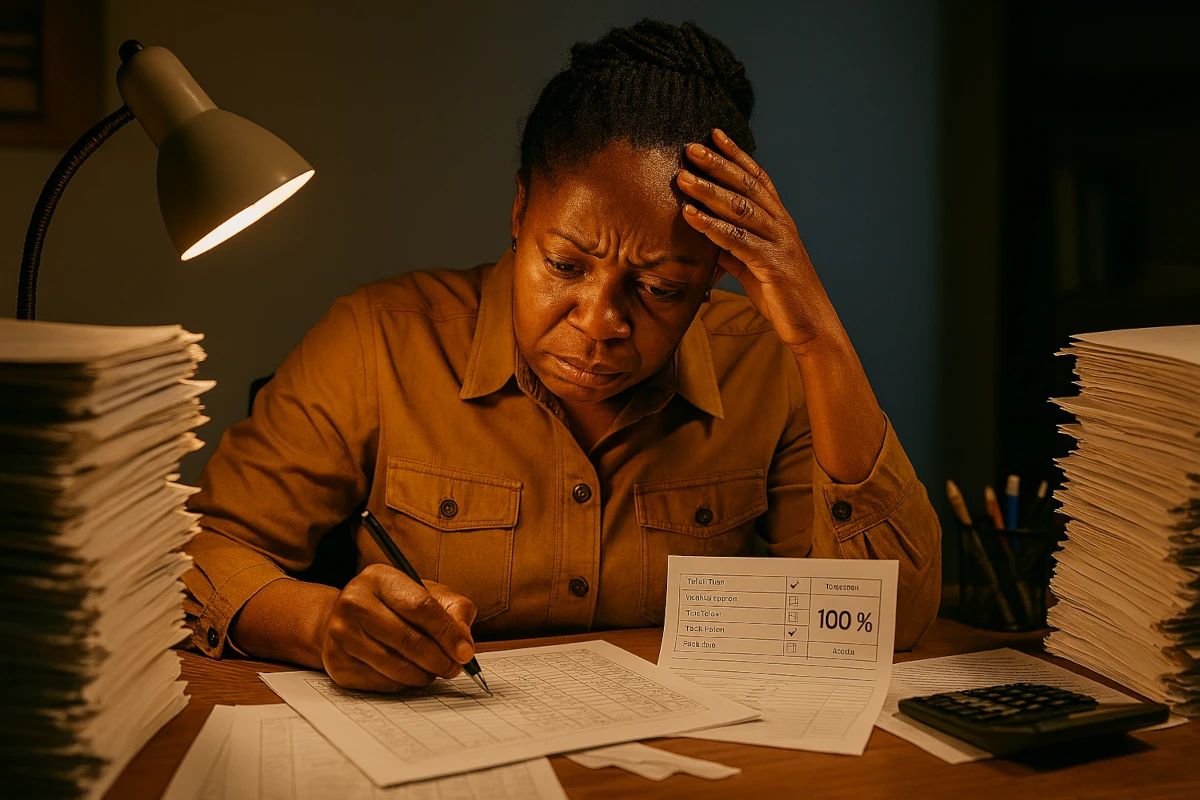 Frustrated school bursar surrounded by stacks of paper fee registers